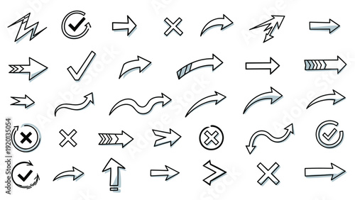 Large collection of hand drawn arrows, checkmarks, crosses, and circular symbols in a sketchy black and white style.