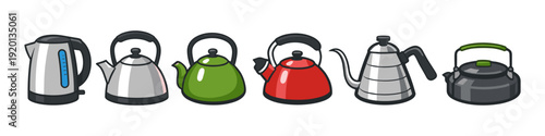 Collection of diverse kettles for boiling water, from electric to stovetop designs