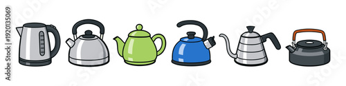 Collection of diverse kettles for boiling water, featuring various styles and colors