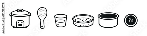 Collection of simple line art icons representing rice cooker and its accessories