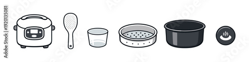Collection of kitchen appliances and accessories for cooking rice and steaming food