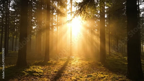 Dramatic golden sunbeams powerfully pierce through a dense, misty evergreen forest creating spectacular light rays illuminating the mossy ground below during a tranquil sunrise.