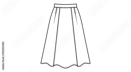A simple black and white line drawing of a flared knee length skirt with a slightly wavy hem
