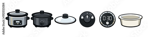 Collection of kitchen appliances and parts for slow cookers and timers