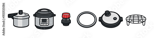 Collection of kitchen appliances and accessories for cooking, including pressure cookers and racks