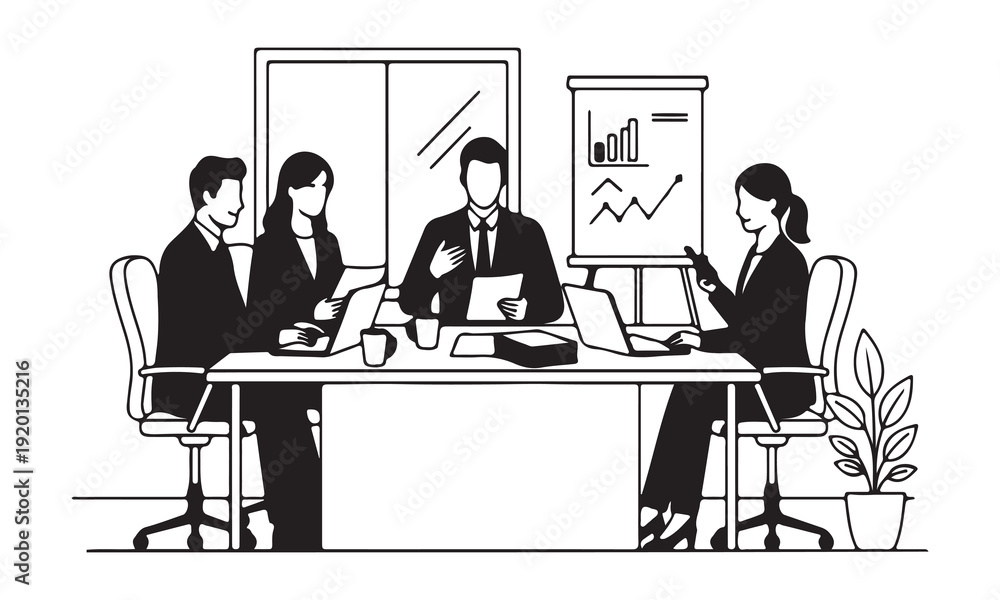 Fototapeta premium Office Teamwork and Business Meeting Illustrations – Corporate Collaboration, Training, and Presentation Vector Set