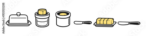 Collection of stylized butter dishes, containers, and knives for culinary use