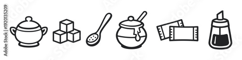 Collection of sugar-related icons including a sugar bowl, cubes, spoon, and dispenser