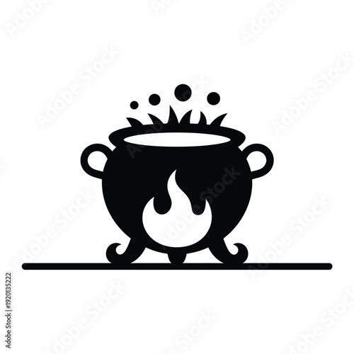 A black cauldron with a white flame and bubbling potion illustration