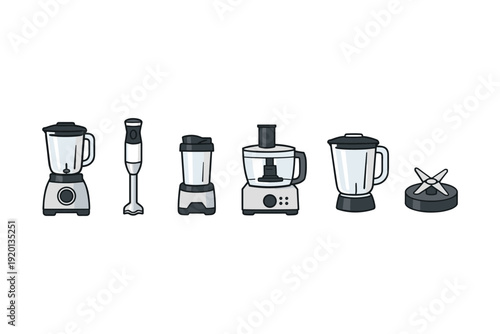 Collection of kitchen blenders and food processors in a clean, modern icon style