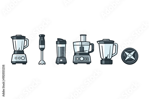 Collection of kitchen blenders and food processors in a clean, modern flat design style