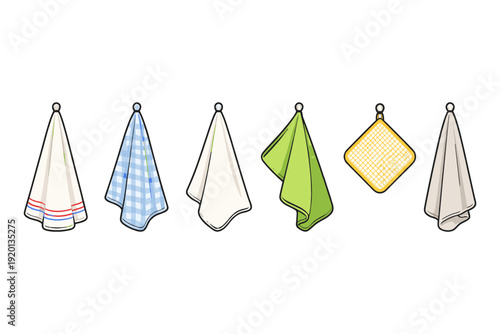 Collection of kitchen towels and a pot holder hanging on hooks