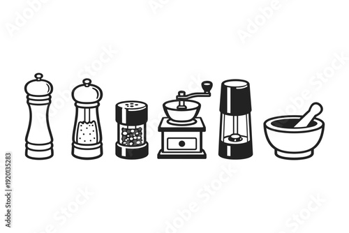Collection of kitchen grinders and mortar and pestle icons in black and white outline style