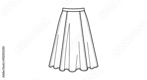 A simple black and white line drawing of a long flared skirt with a defined waistband high quality