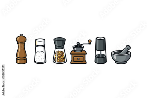 Collection of kitchen grinders, shakers, and mortar and pestle for spices