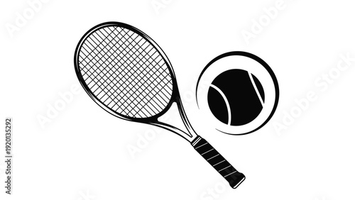 Dynamic black and white illustration of a tennis racket and ball set against a white background for sports and fitness themes.