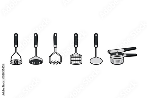 Collection of kitchen utensils for mashing and pressing food items