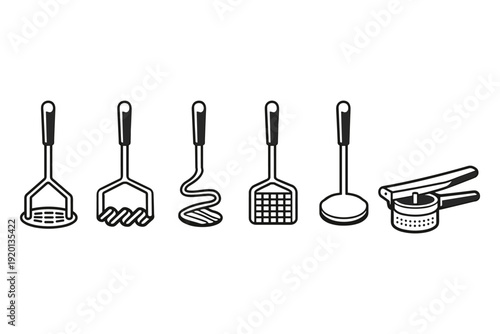 Collection of kitchen tools for mashing and pressing food items like potatoes