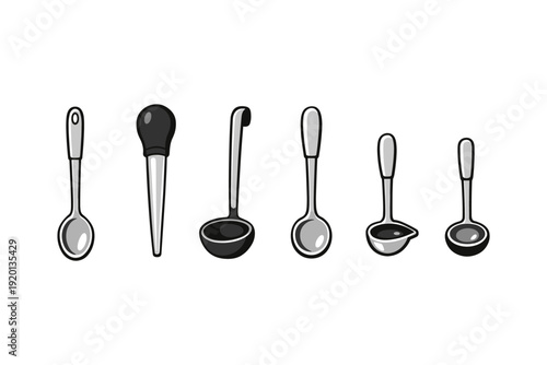 Collection of various kitchen ladles and spoons with simple cartoon style
