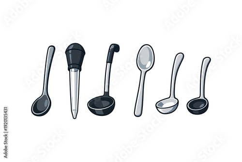 Collection of kitchen utensils including ladles and spoons on a white background