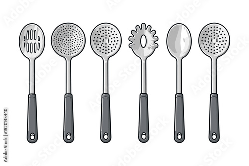 Collection of six kitchen utensils including slotted spoons and pasta server
