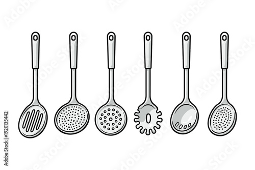Collection of six different kitchen utensils with holes for draining liquids and serving food