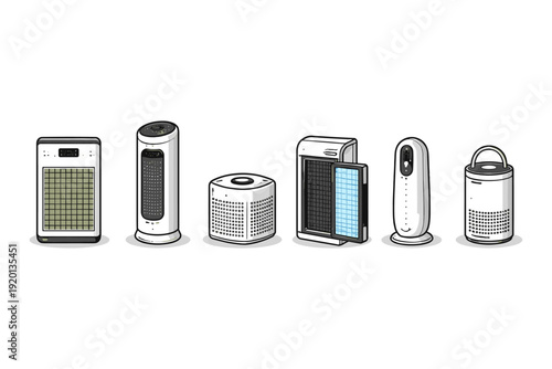 Collection of modern air purifiers and humidifiers in various shapes and sizes