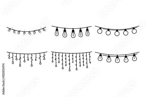 Collection of hand-drawn string lights and festive decorations for celebrations