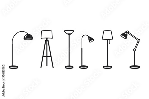 Collection of diverse floor lamp silhouettes in a clean, modern illustration style
