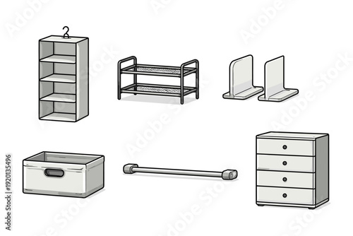 Collection of modern home organization and storage furniture items