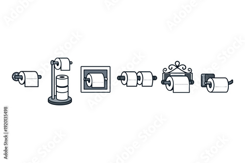 Collection of various toilet paper holders in a clean, modern illustration style