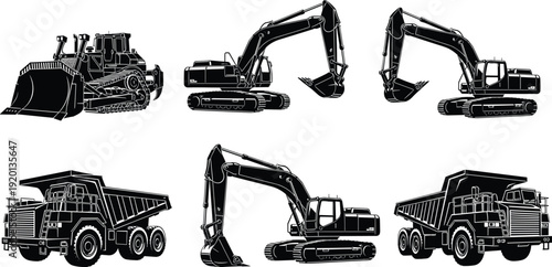 Heavy construction machinery silhouettes set including excavators, bulldozer and dump trucks, industrial mining and earthmoving equipment collection isolated on white background