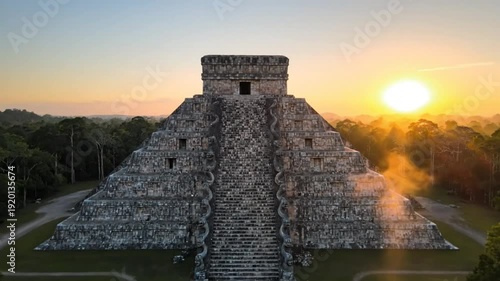 Epic Sunrise View of Ancient Mayan Temple El Castillo at Chichen Itza, Yucatan, Mexico