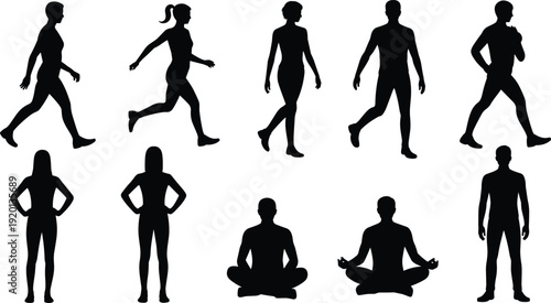 Human body silhouette set showing walking, running, standing and meditation poses, black male female figures for fitness, yoga, exercise, motion and lifestyle design  