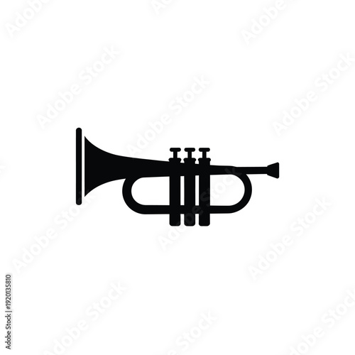 Simple black silhouette of a trumpet on a plain white background