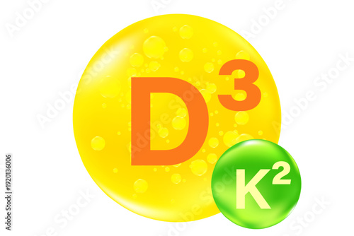 Vitamin D3 with K2 complex, glowing 3D molecule element or bubble isolated, transparent background, fluid orange, yellow color flowing bubbles, supplement banner, presentation, infographic design