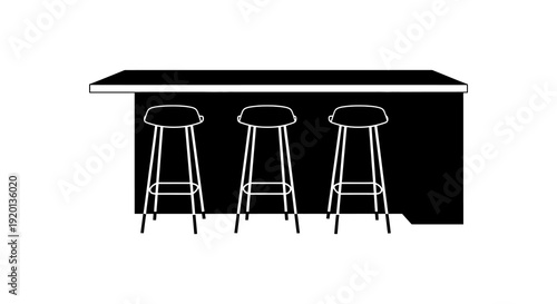 Minimalist black and white illustration of a bar counter with four simple bar stools high quality professional detailed