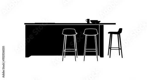 A minimalist black and white illustration of a kitchen island with bar stools high quality professional detailed modern