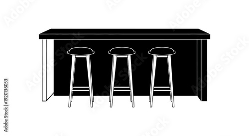 Minimalist black and white illustration of a bar counter with three stools high quality professional detailed