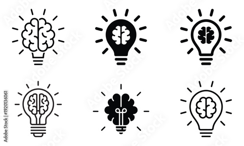 Brain in light bulb icon set. Creative, generating idea, solution , knowledge, lamp stock vector. idea and creativity vector collection. Creative idea and innovation light bulb icon. vector eps file 