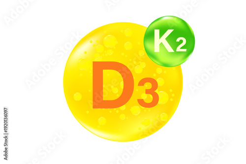 Vitamin D3 with K2 complex, glowing 3D molecule element or bubble isolated, transparent background, fluid orange, yellow color flowing bubbles, supplement banner, presentation, infographic design
