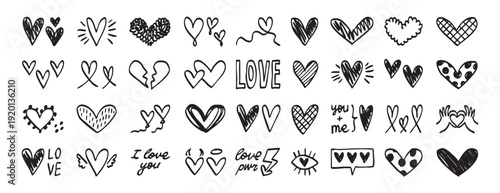 handdrawn heart doodles scattered on white, ink sketches with varied textures and imperfect lines, playful icons for sticker sheets, logo concepts, craft embellishments, digital scrapbooking