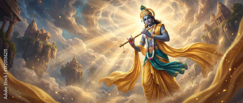 Lord Krishna playing flute among celestial clouds and floating islands symbolizing transcendent divine cosmic harmony background wallpaper