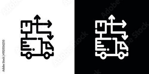 Black and white delivery truck with arrows on white and black background