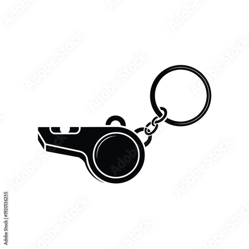 A black and white illustration of a whistle with a keyring attached