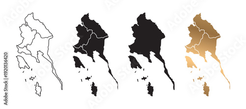 A map of Trat province in Thailand, featuring gold and black outlines against a white background. Suitable for websites, educational purposes, and tourism.