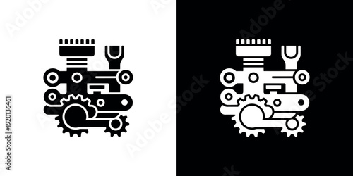 Black and white of gear and tools on white and black background