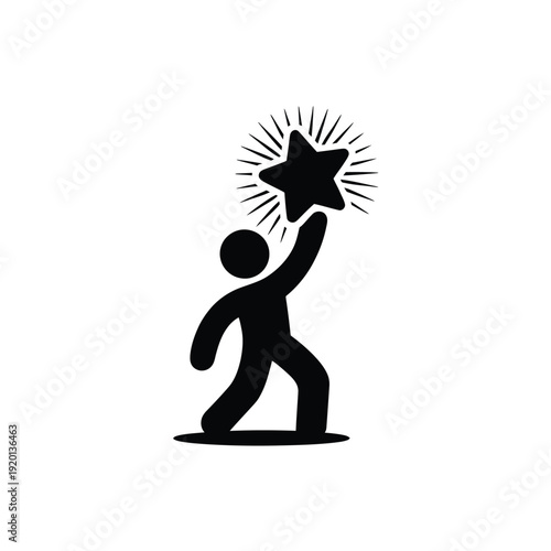 Stick figure reaching for a shining star with radiating light