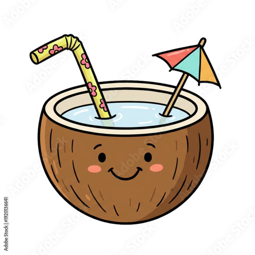 A cold coconut milk cocktail beverage served in a glass with a straw and fruit garnish isolated on a white background illustration vector