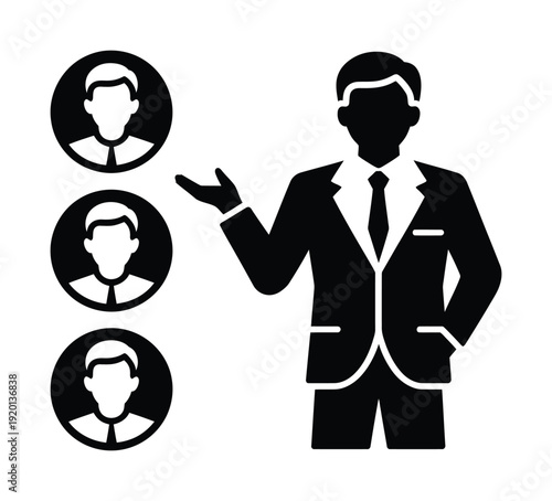 Vector of a businessman in a suit addressing a group of three people